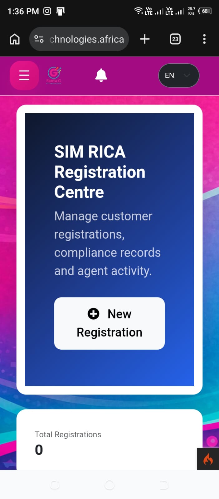 SIM RICA Registration Mobile Screenshot